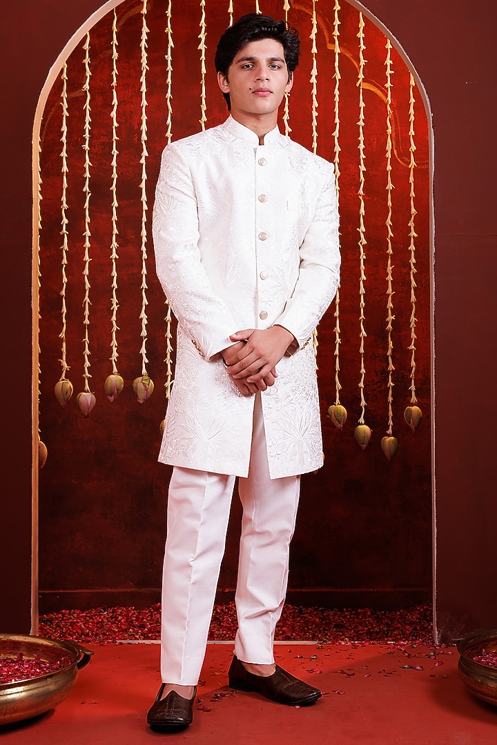 White Silk Sherwani Set For Boys by Hoity Moppet at Pernia's Pop Up Shop