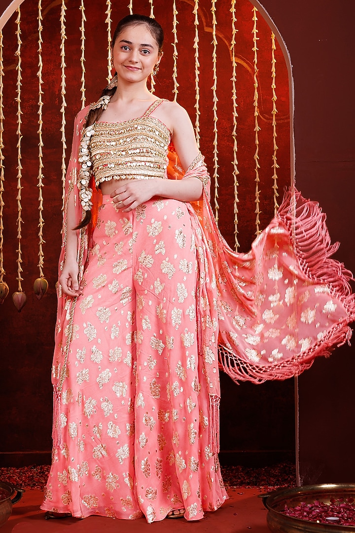 Peach Georgette Sharara Set For Girls by Hoity Moppet at Pernia's Pop Up Shop