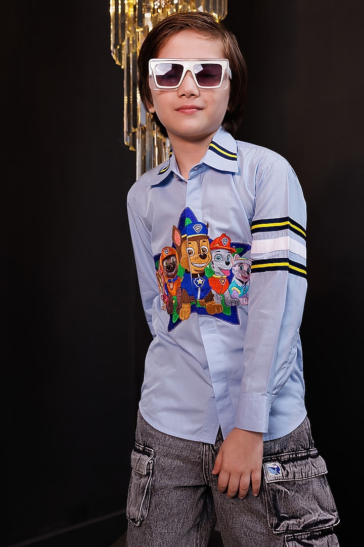 Blue Cotton Embroidered Shirt For Boys by Hoity Moppet at Pernia's Pop Up Shop