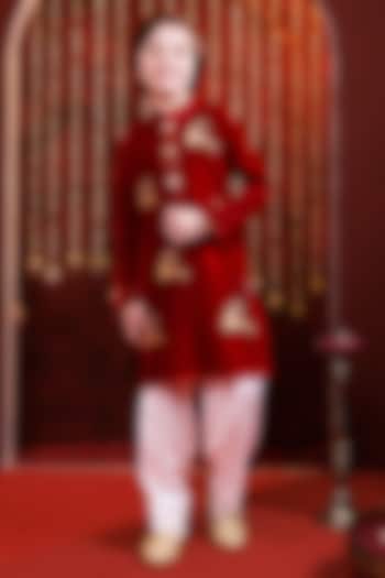 Red Velvet Kurta Set For Boys by Hoity Moppet at Pernia's Pop Up Shop