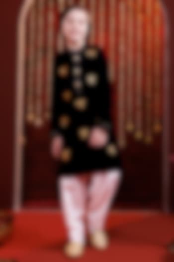 Blue Velvet Embroidered Kurta Set For Boys by Hoity Moppet at Pernia's Pop Up Shop