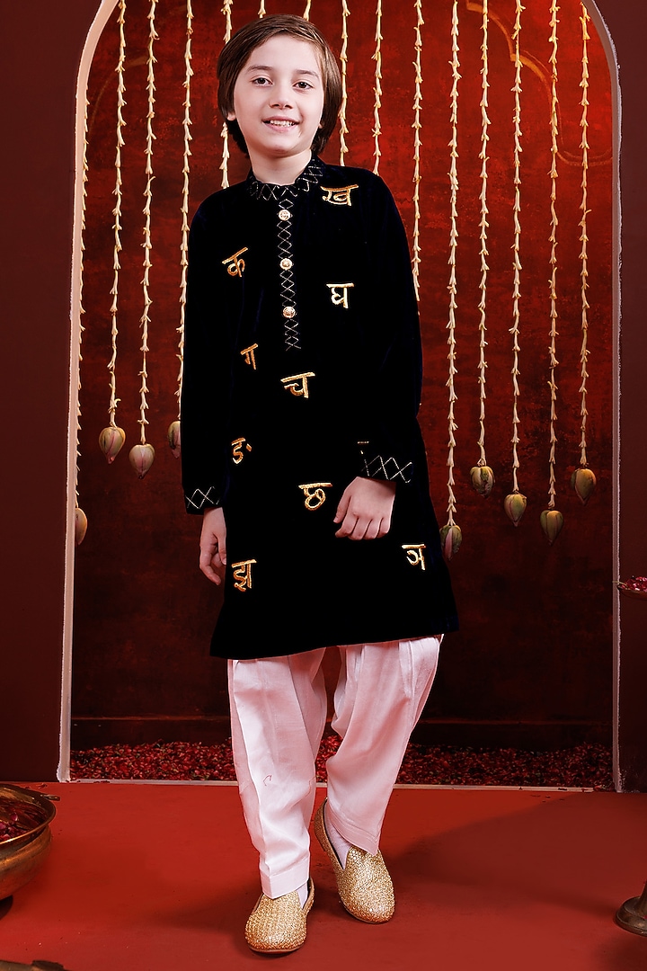 Blue Velvet Embroidered Kurta Set For Boys by Hoity Moppet at Pernia's Pop Up Shop