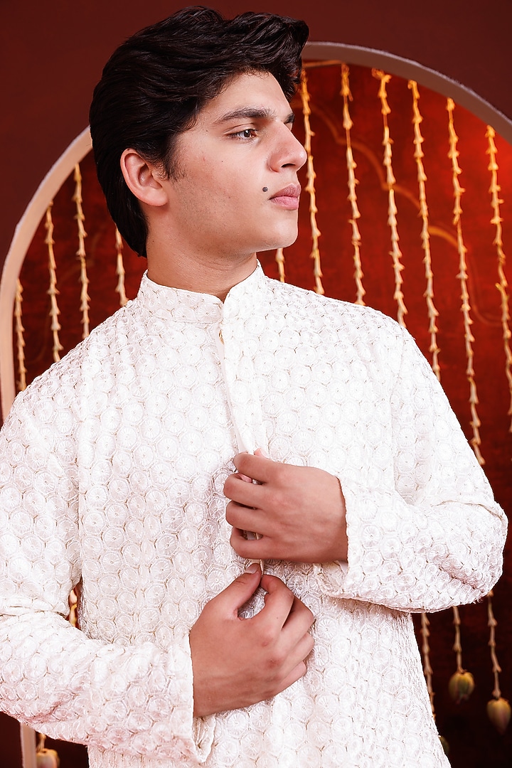 Ivory Silk Sherwani Set For Boys by Hoity Moppet at Pernia's Pop Up Shop