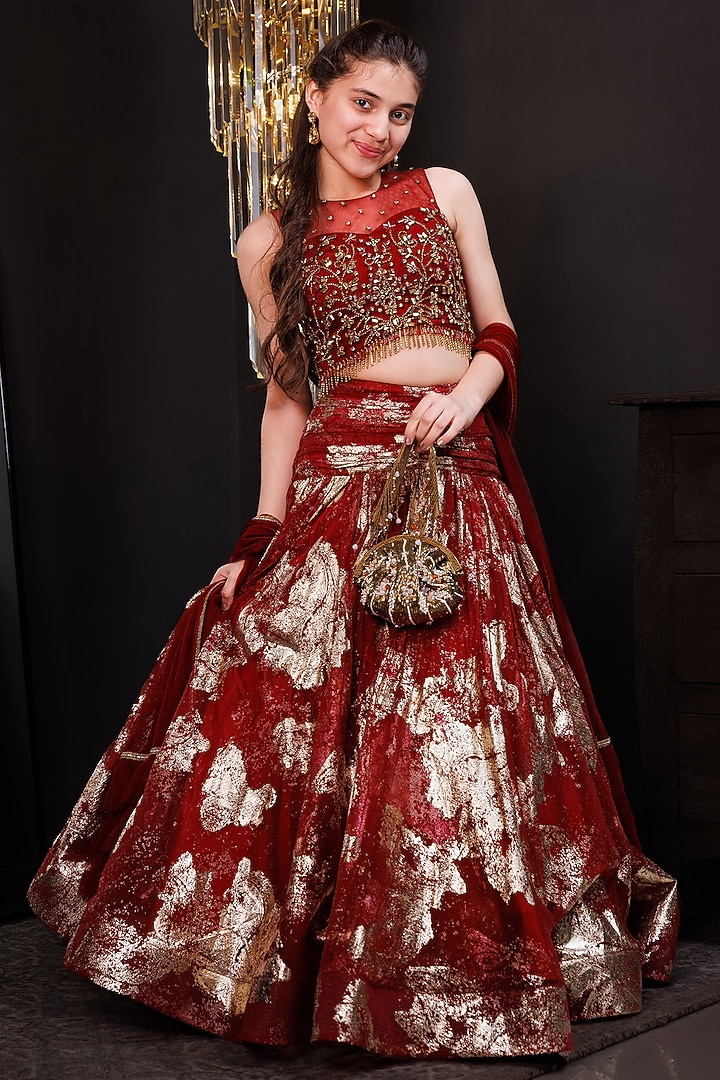 Red Organza Lehenga Set For Girls by Hoity Moppet at Pernia's Pop Up Shop