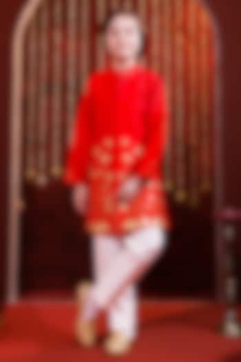 Red Silk Kurta Set For Boys by Hoity Moppet at Pernia's Pop Up Shop