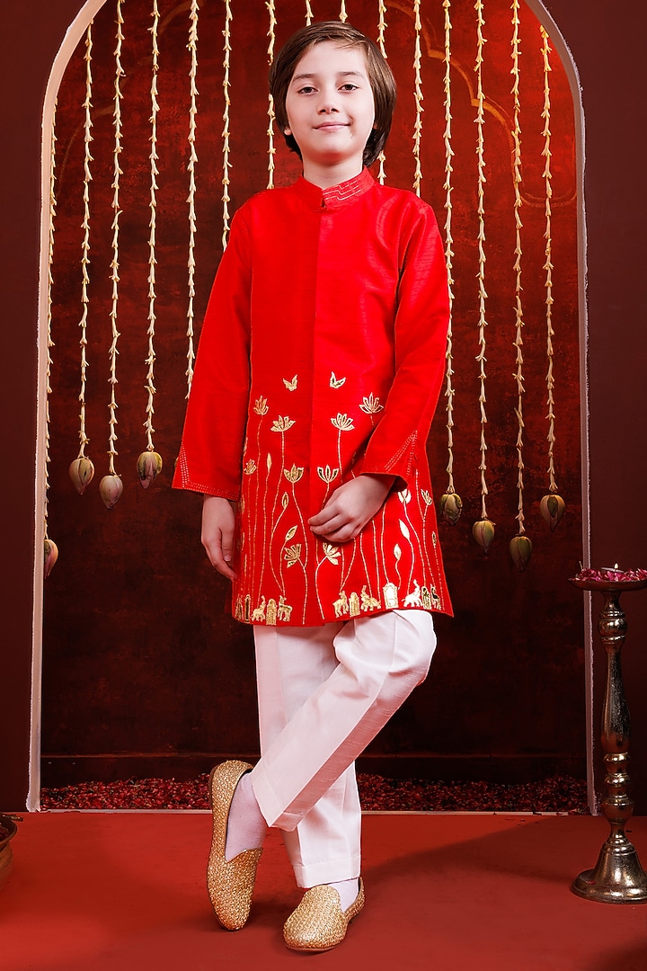 Red Silk Kurta Set For Boys by Hoity Moppet at Pernia's Pop Up Shop