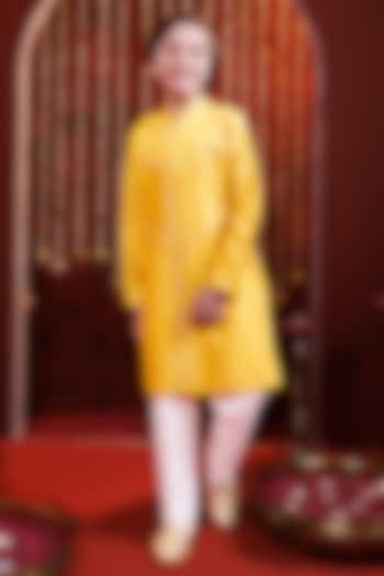 Yellow Silk Kurta Set For Boys by Hoity Moppet at Pernia's Pop Up Shop