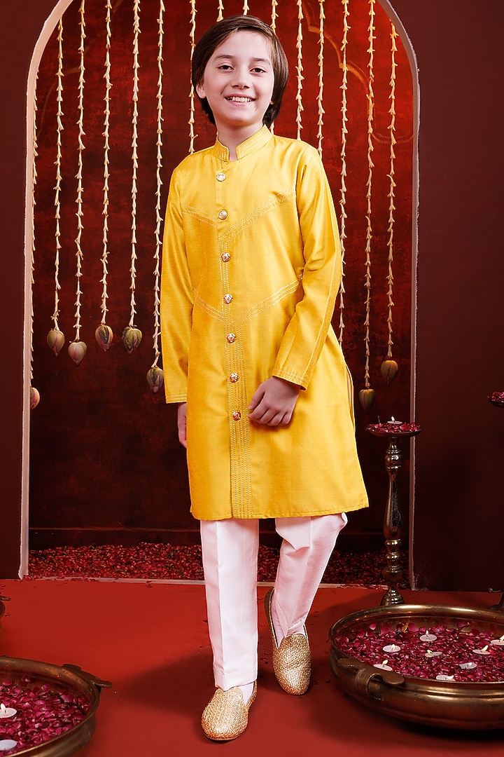 Yellow Silk Kurta Set For Boys by Hoity Moppet at Pernia's Pop Up Shop