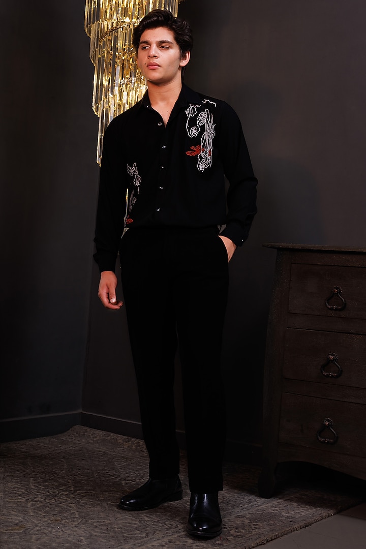 Black Luxury Crepe Embroidered Shirt For Boys by Hoity Moppet at Pernia's Pop Up Shop