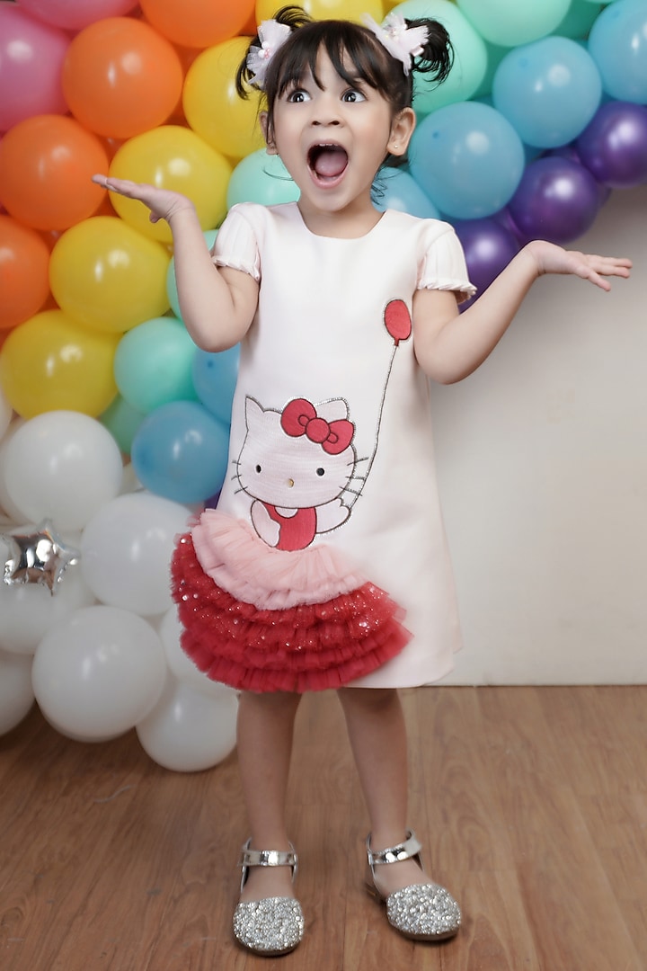 White & Pink Shift Dress For Girls by Hoity Moppet