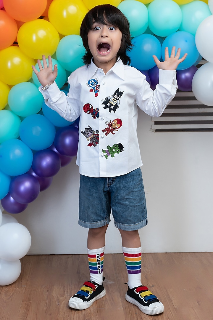 White Embroidered Shirt For Boys by Hoity Moppet