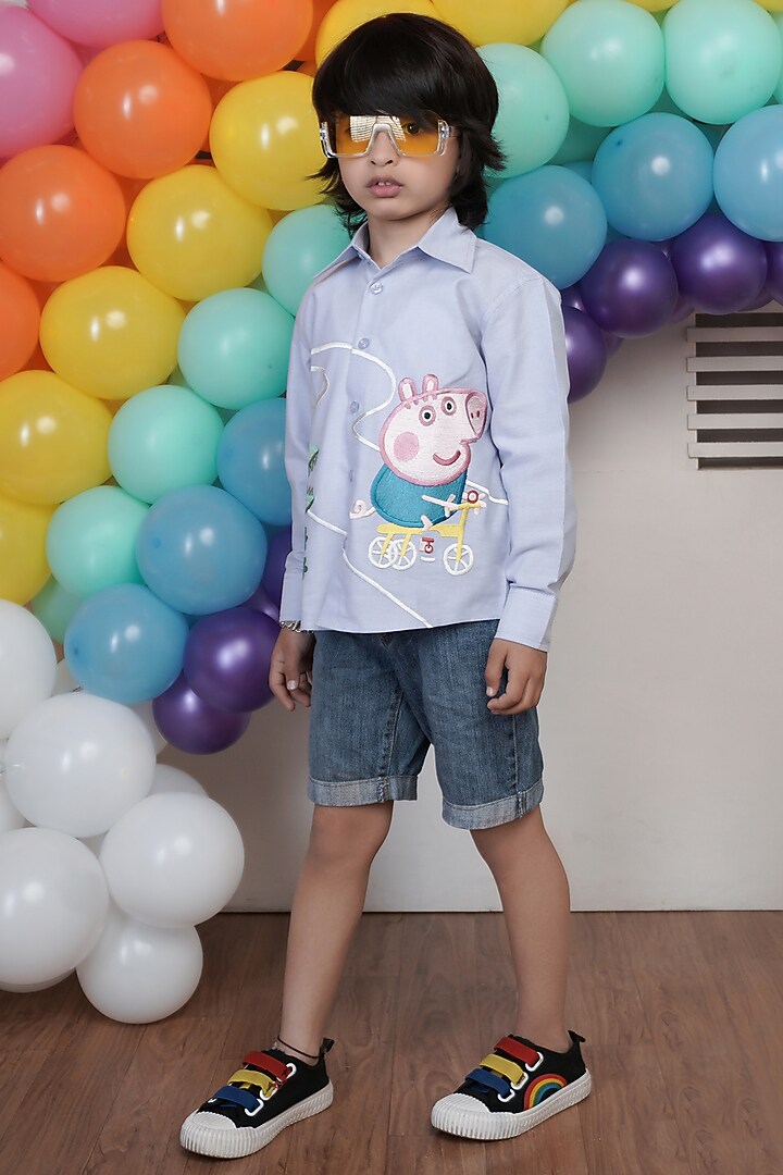Blue Embroidered Shirt For Boys by Hoity Moppet at Pernia's Pop Up Shop