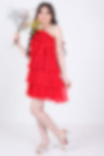 Red Georgette Pleated Dress For Girls by Hoity Moppet