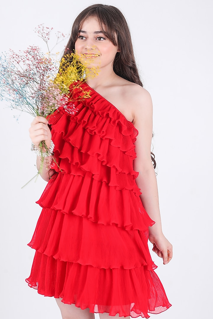 Red Georgette Pleated Dress For Girls by Hoity Moppet at Pernia's Pop Up Shop