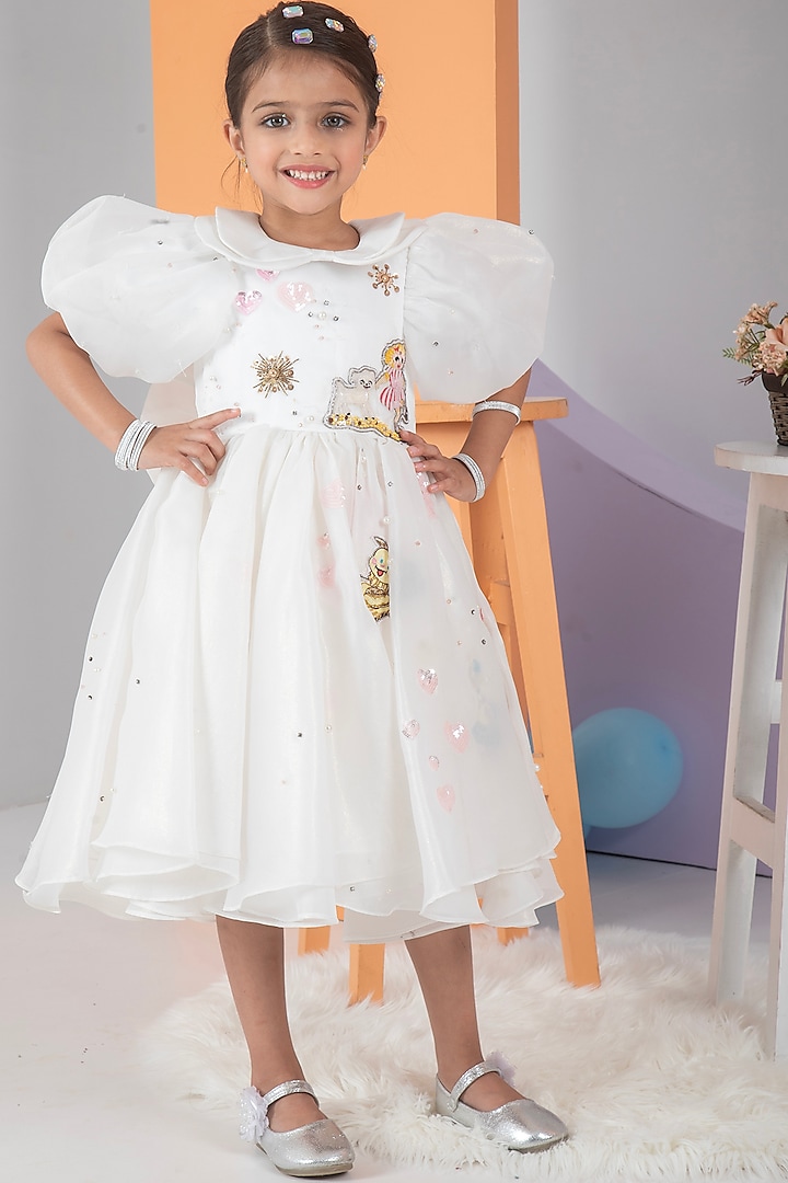 White Organza Hand Embroidered Dress For Girls by Hoity Moppet