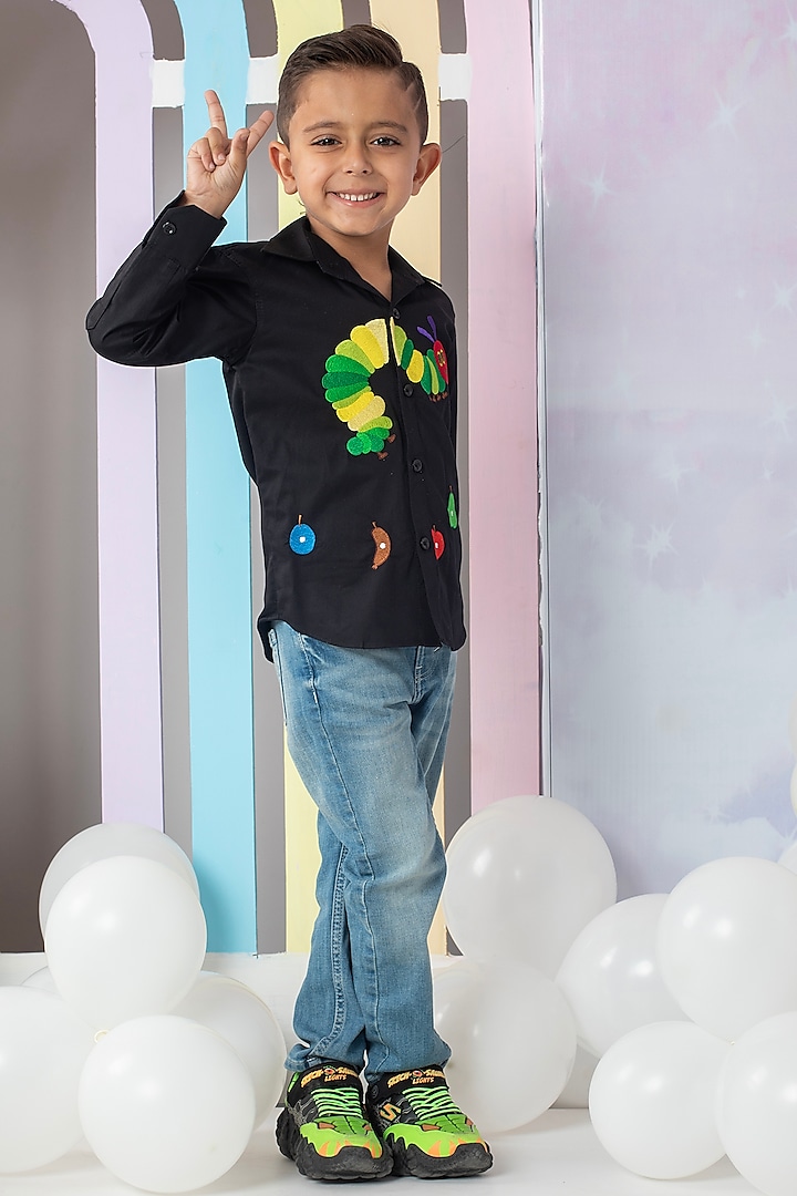 Black Cotton Embroidered Shirt For Boys by Hoity Moppet