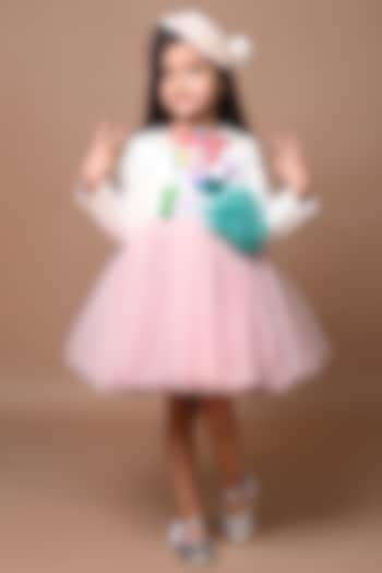 White & Pink Tulle Embroidered Dress For Girls by Hoity Moppet
