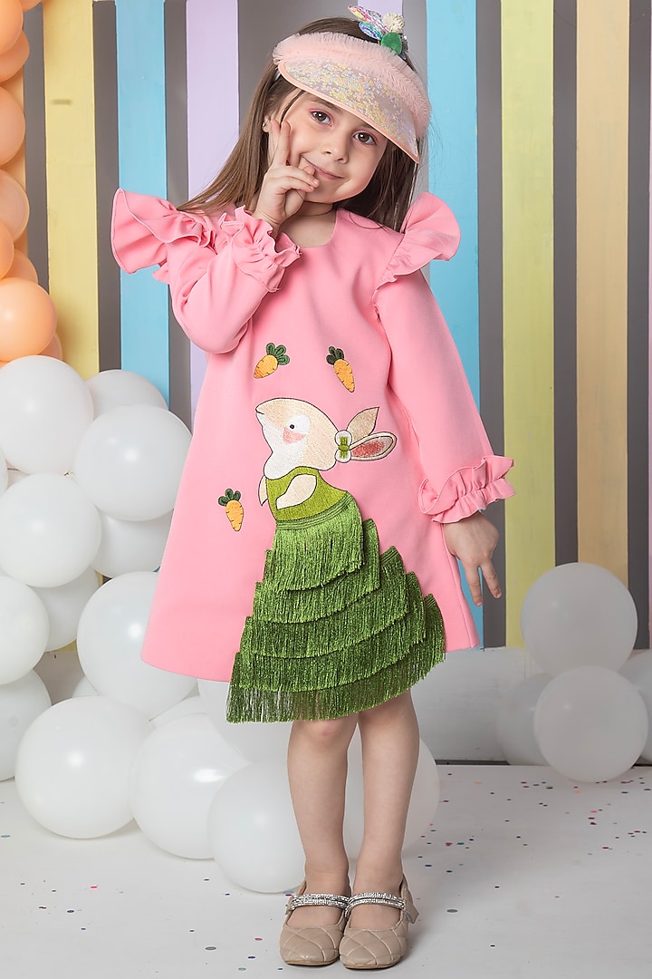 Pink Crepe Embroidered Dress For Girls by Hoity Moppet