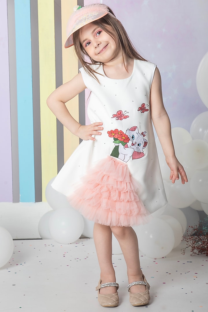 White Crepe Embroidered Dress For Girls by Hoity Moppet