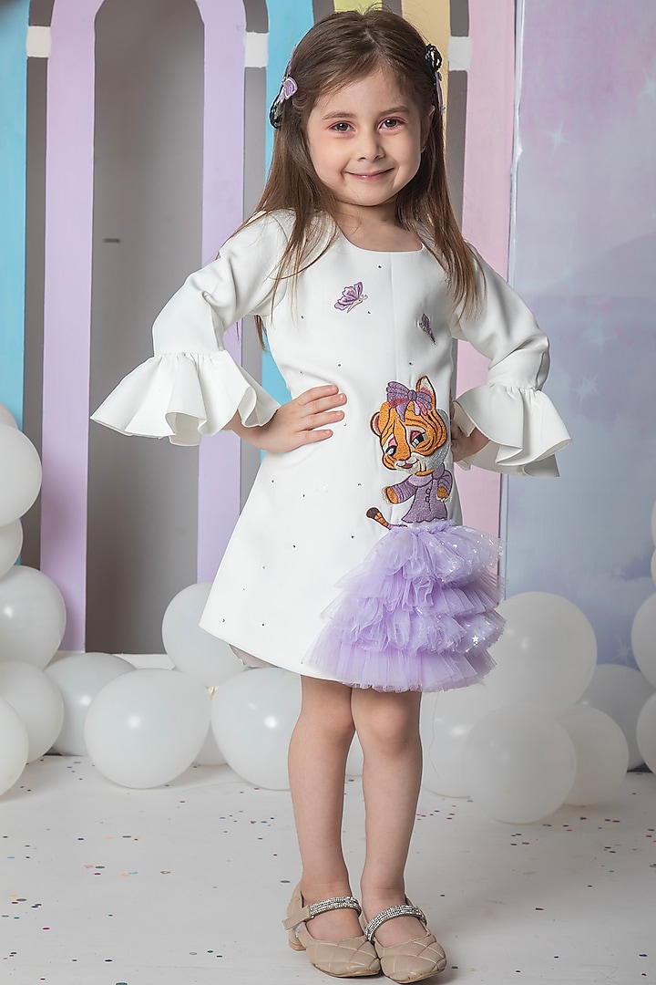White Crepe Embroidered Dress For Girls by Hoity Moppet