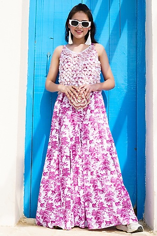 Pink & White Georgette Printed Jumpsuit For Girls by Hoity Moppet