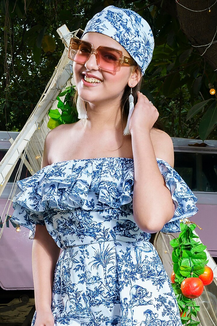 Blue & White Georgette Printed Playsuit For Girls by Hoity Moppet at Pernia's Pop Up Shop