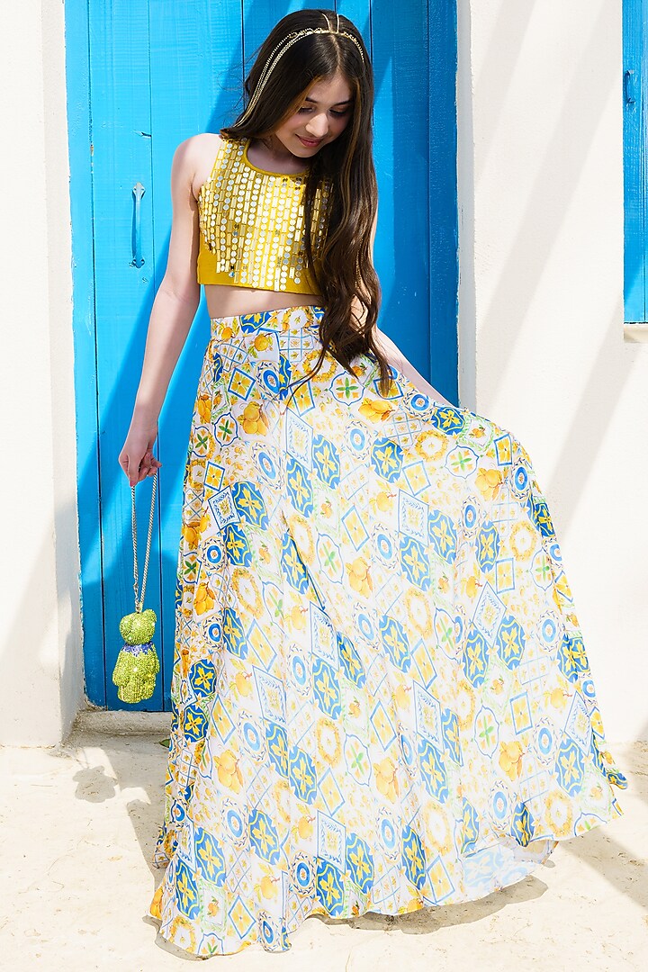 Yellow Satin & Silk Printed Skirt Set by Hoity Moppet