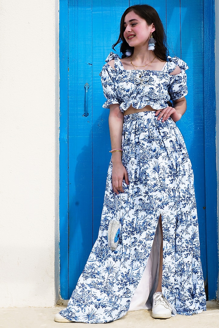 White & Blue Georgette Printed Skirt Set by Hoity Moppet