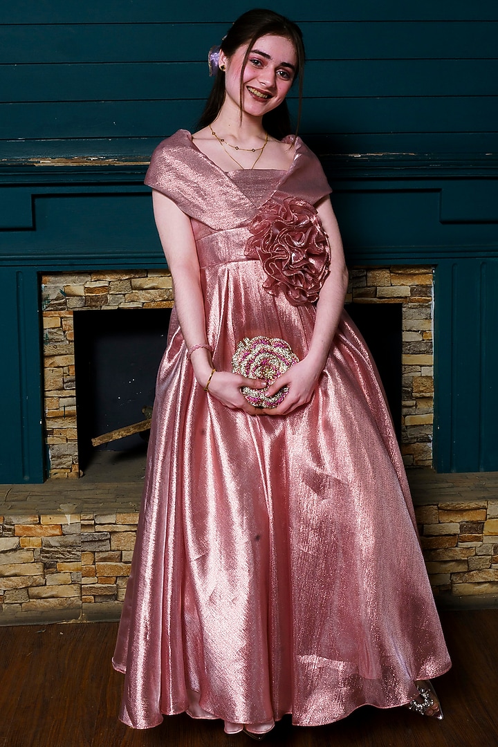 Rose Pink Organza Floral Gown For Girls by Hoity Moppet at Pernia's Pop Up Shop