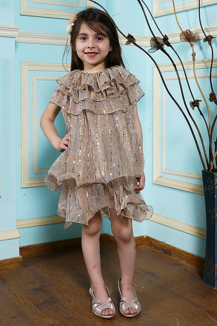 Golden Pleated Georgette Dress For Girls by Hoity Moppet at Pernia's Pop Up Shop