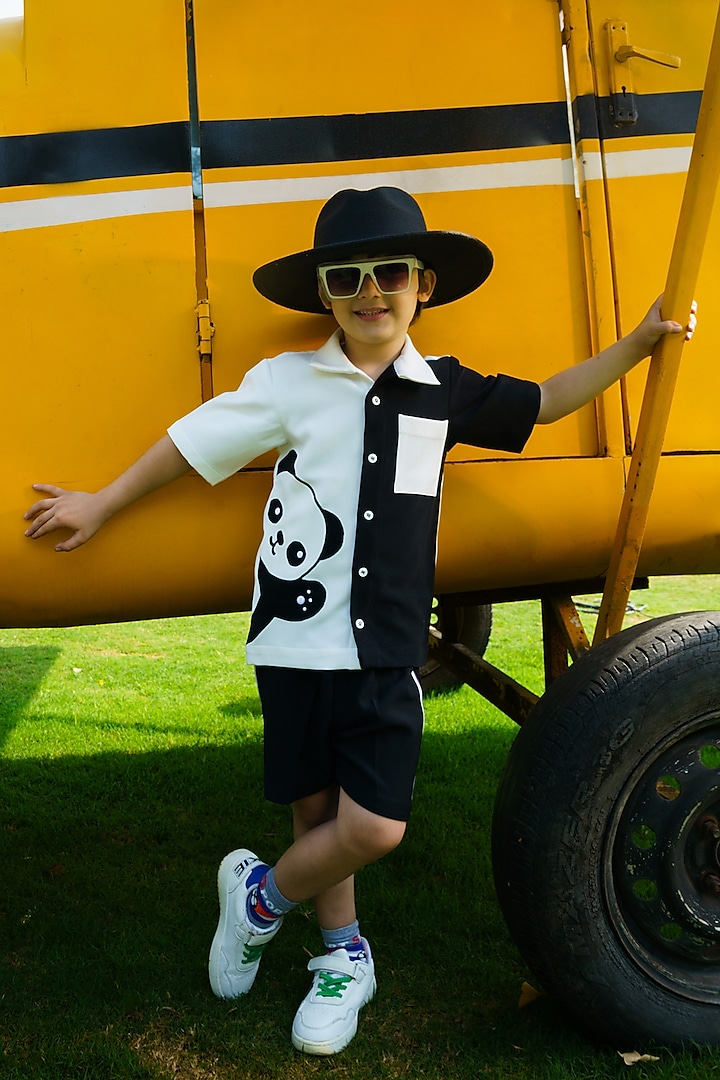 White & Black Imported Crepe Co-Ord For Boys by Hoity Moppet