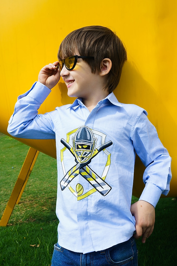 Light Blue Cotton Embroidered Shirt For Boys by Hoity Moppet at Pernia's Pop Up Shop