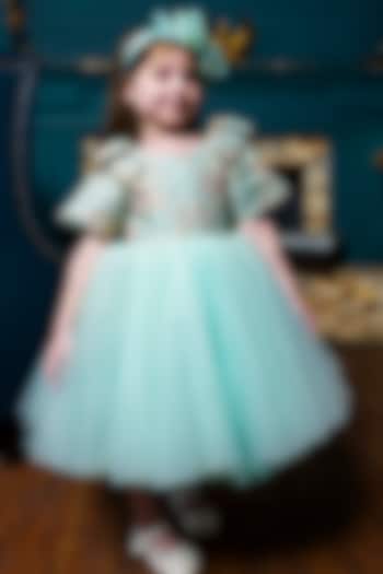 Sea Green Jacquard & Tulle Dress For Girls by Hoity Moppet