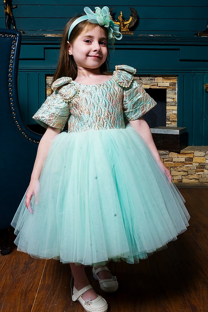 Sea Green Jacquard & Tulle Dress For Girls by Hoity Moppet