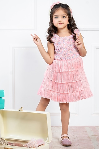 Light Pink Tulle Tasseled Dress For Girls by Hoity Moppet