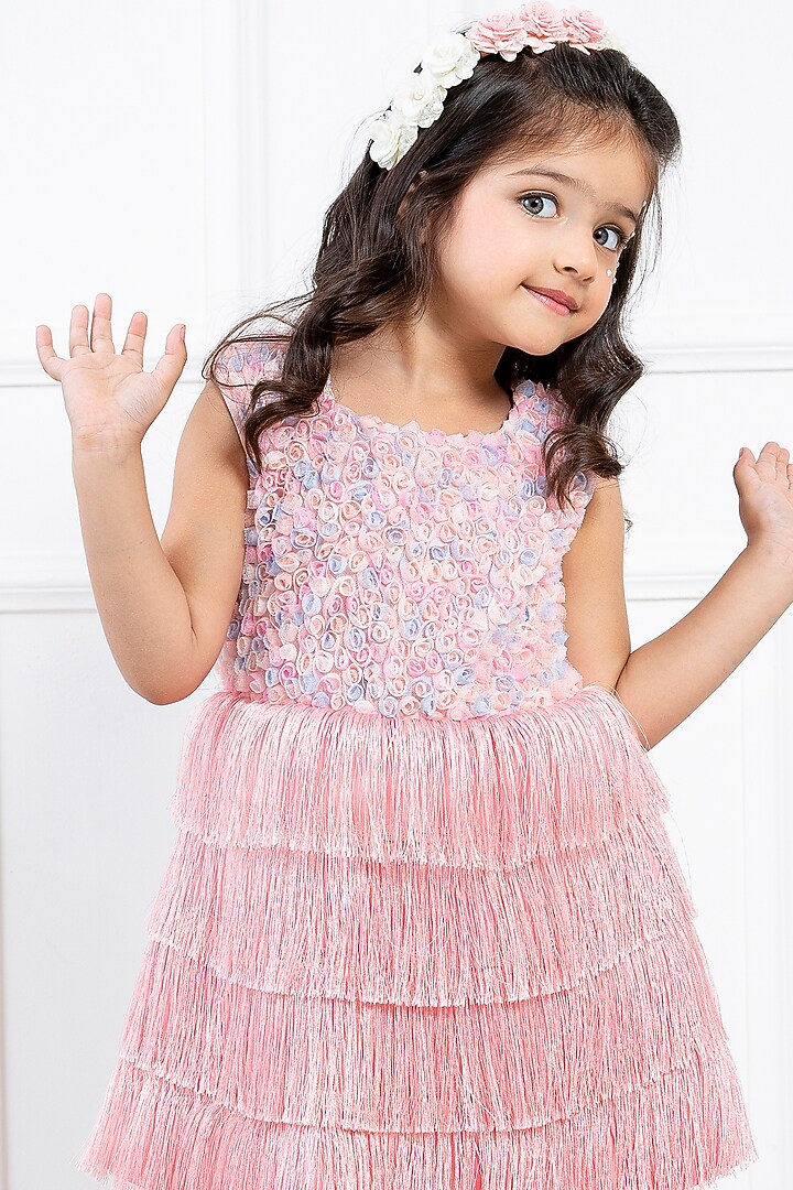 Light Pink Tulle Tasseled Dress For Girls by Hoity Moppet at Pernia's Pop Up Shop