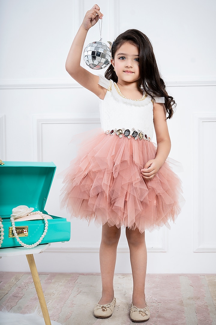White & Rose Pink Tulle Frilled Dress For Girls by Hoity Moppet