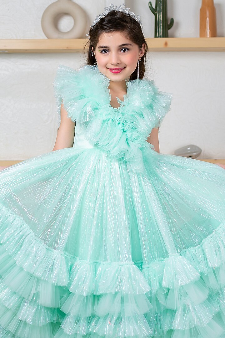Green Tulle Frilled Gown For Girls by Hoity Moppet at Pernia's Pop Up Shop