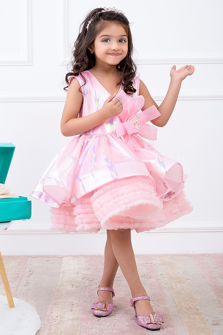 Pink Organza Flared Dress For Girls by Hoity Moppet