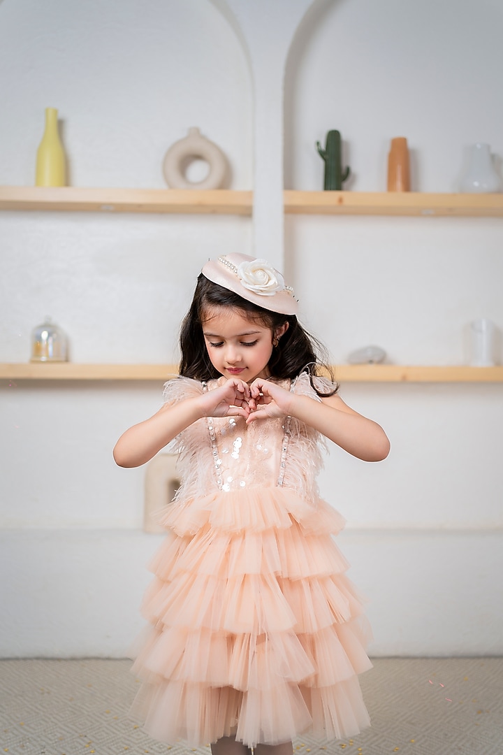 Peach Tulle Frilled Dress For Girls by Hoity Moppet