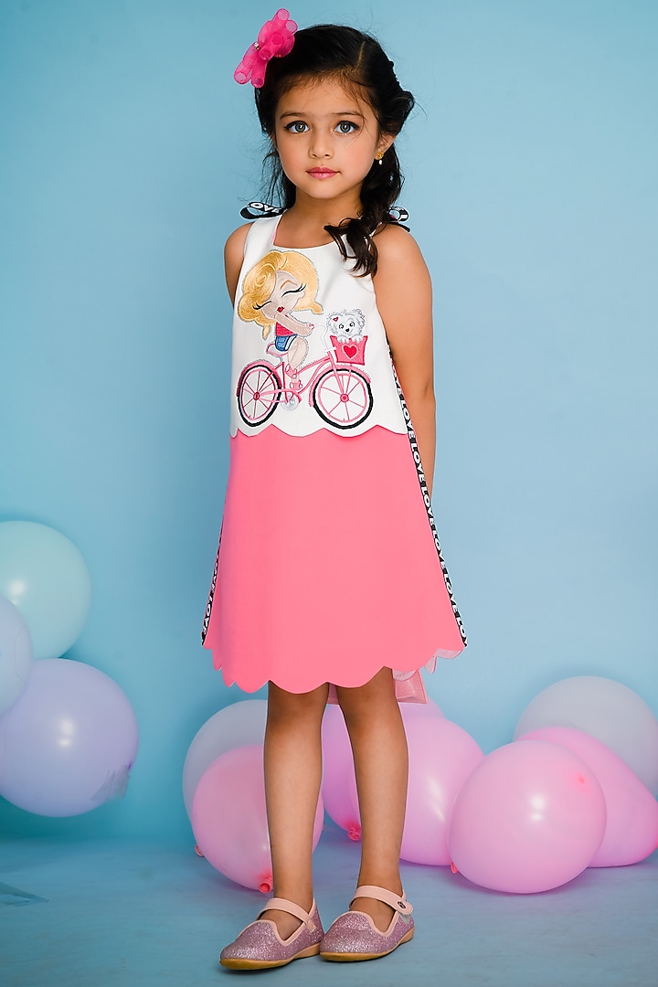 Pink & White Crepe Dress For Girls by Hoity Moppet