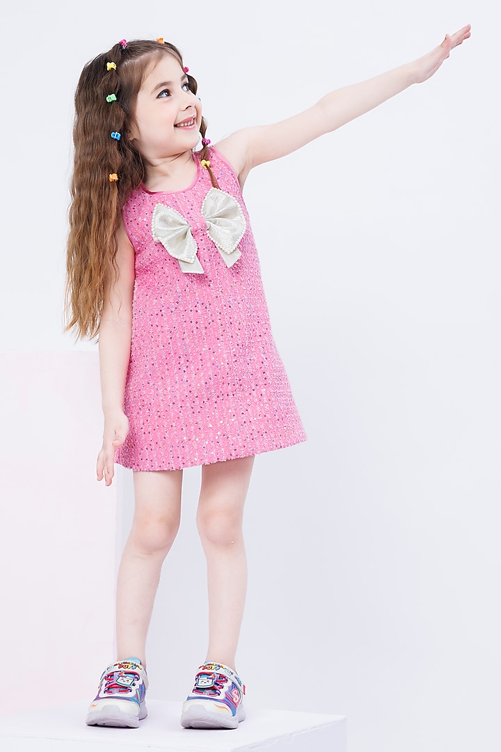 Pink & White Denim Bow Dress For Girls by Hoity Moppet at Pernia's Pop Up Shop