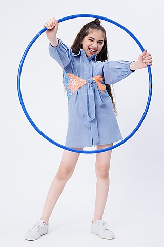 Light Blue Denim Cotton Shirt Dress For Girls by Hoity Moppet