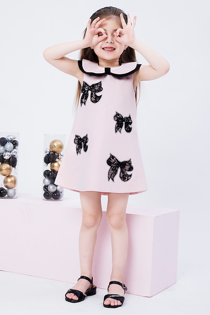 Pink & Black Crepe Lace Hand Work Dress For Girls by Hoity Moppet at Pernia's Pop Up Shop