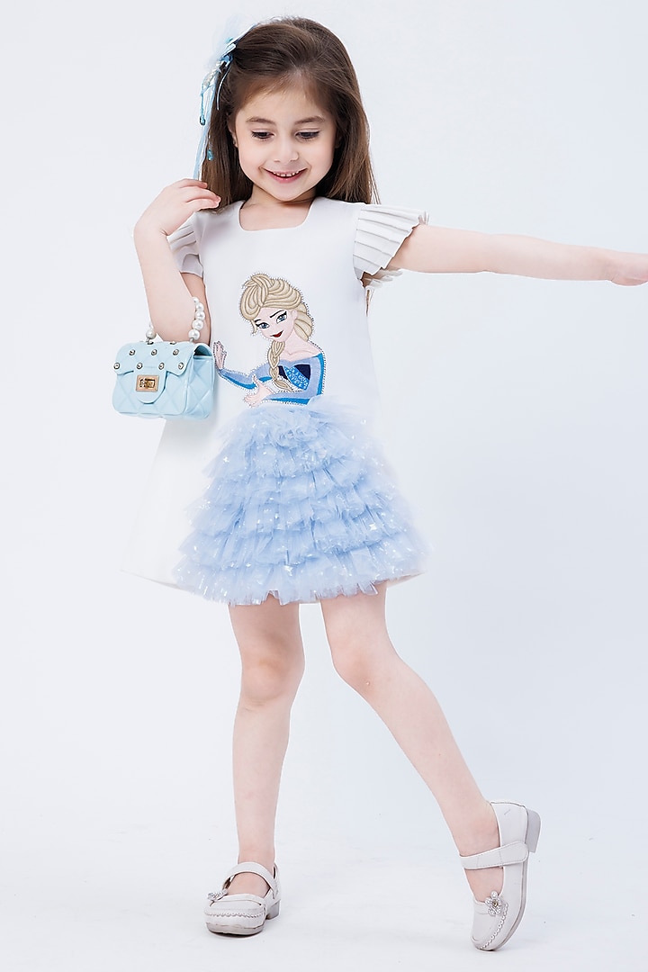 White & Blue Imported Crepe Embroidered Dress For Girls by Hoity Moppet at Pernia's Pop Up Shop