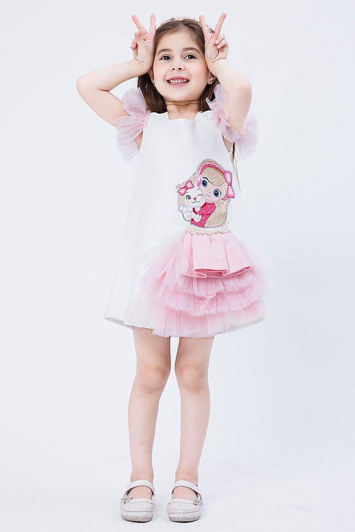 White & Pink Crepe Doll Embroidered Shift Dress For Girls by Hoity Moppet at Pernia's Pop Up Shop