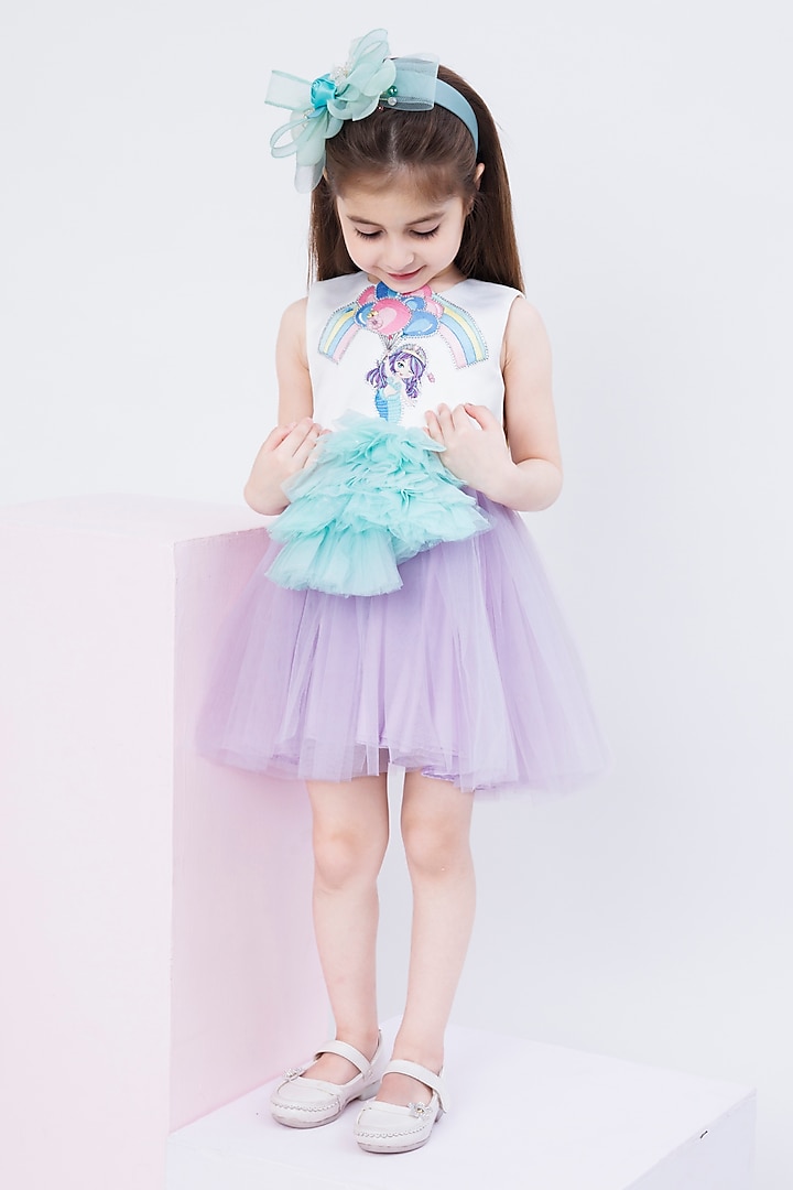 White & Purple Imported Crepe Mermaid Embroidered Shift Dress For Girls by Hoity Moppet at Pernia's Pop Up Shop