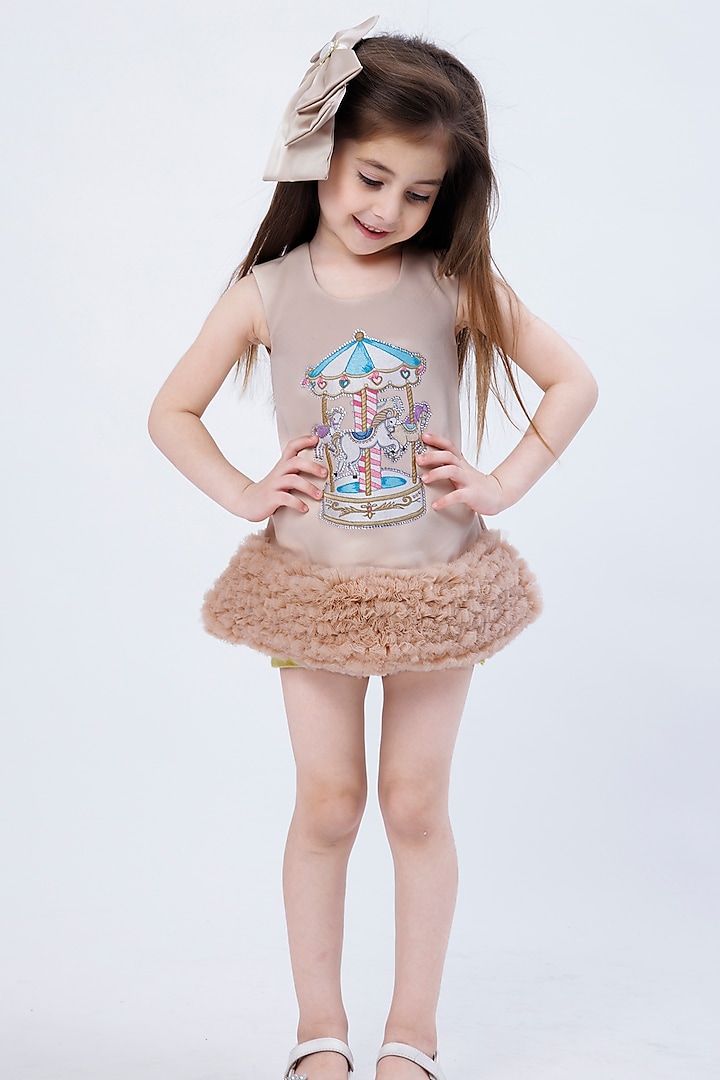 Beige Satin & Net Frilled Embroidered Dress For Girls by Hoity Moppet at Pernia's Pop Up Shop