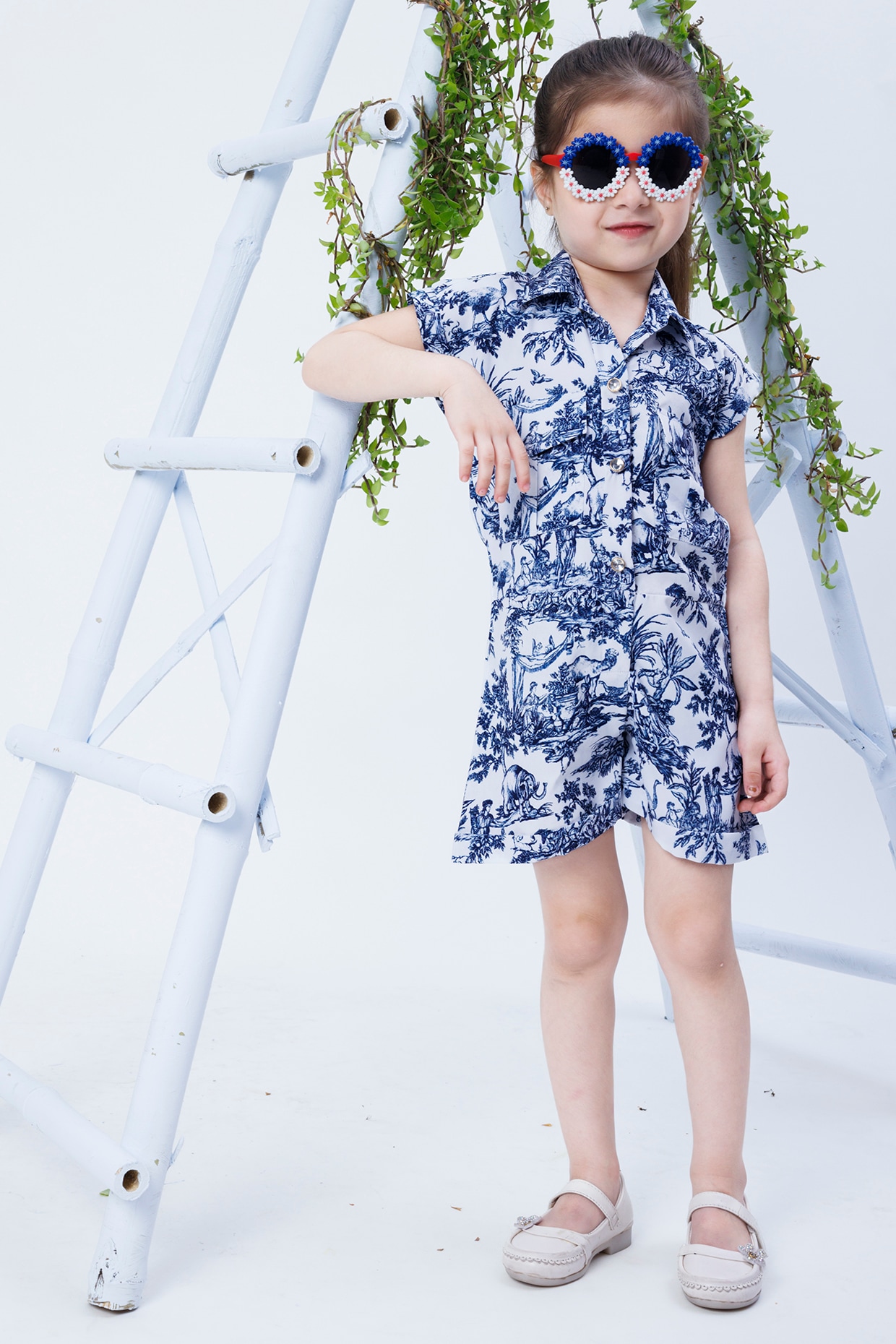 Blue White Twill Crepe Printed Playsuit For Girls by Hoity Moppet at Pernia s Pop Up Shop