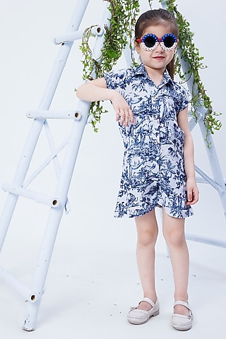 Blue & White Twill Crepe Printed Playsuit For Girls by Hoity Moppet